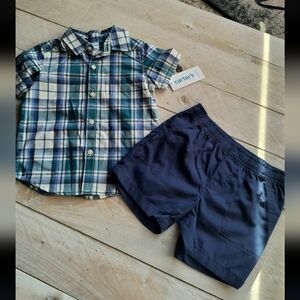 NWT Carter's Baby Boy 2pc Navy Plaid Shorts Set And Shirt Size 18 Months